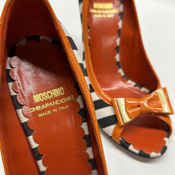 Moschino High Heels Heeled Shoes Peep Toe Bow Striped Black White Orange Size 8 - Picture 8 of 10